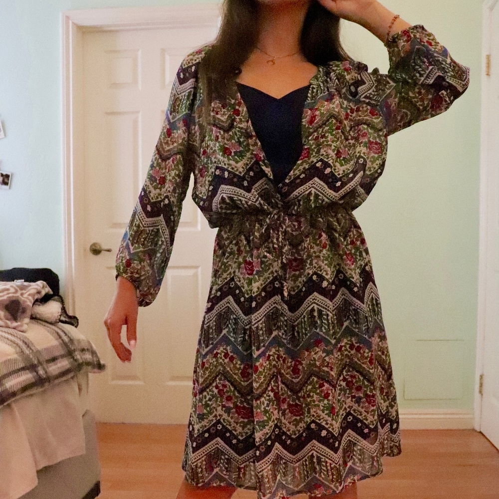 Designer Long Sleeve Silk Pattern Dress with Slip
